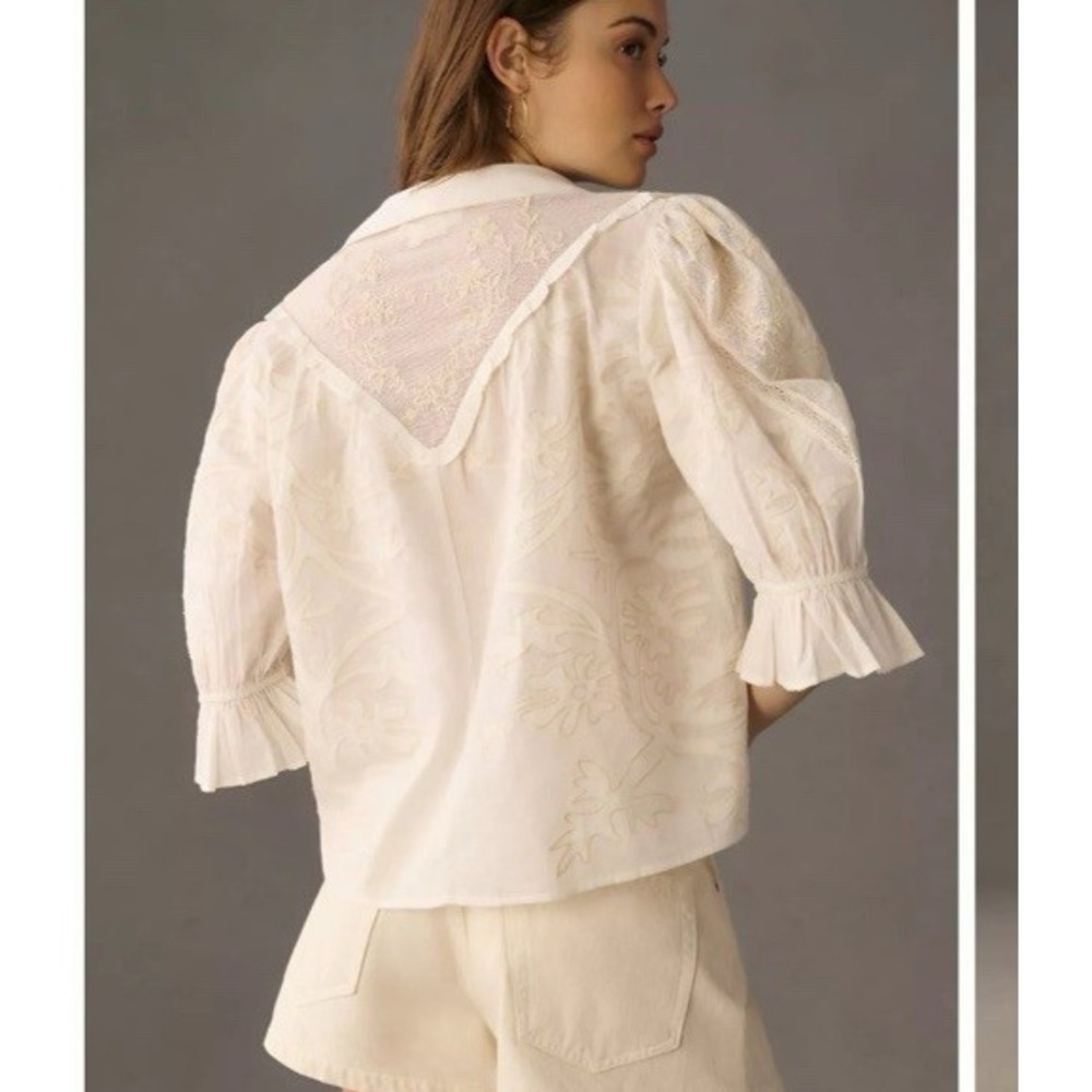 Anthropologie Heirloom Swing Embroidered Lace Blouse Ivory Boxy Oversized Medium - Picture 2 of 10